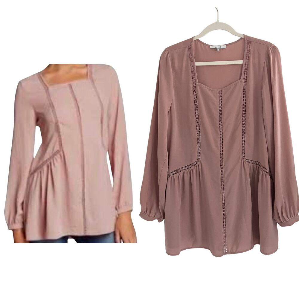 RO & DE Anthropologie Peplum Tunic Top Boho Crochet Mauve Pink Size L